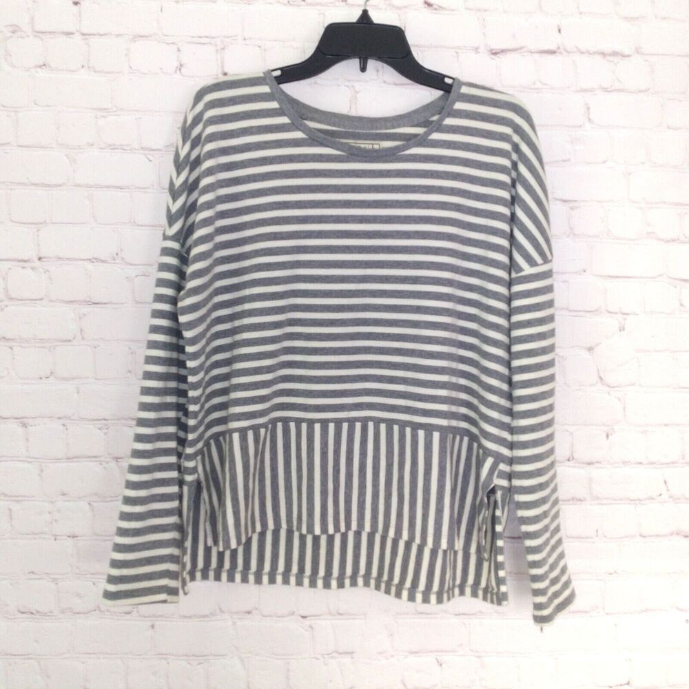 Abercrombie Fitch Top Womens Large Gray White Striped Cropped Crew Neck Pullover